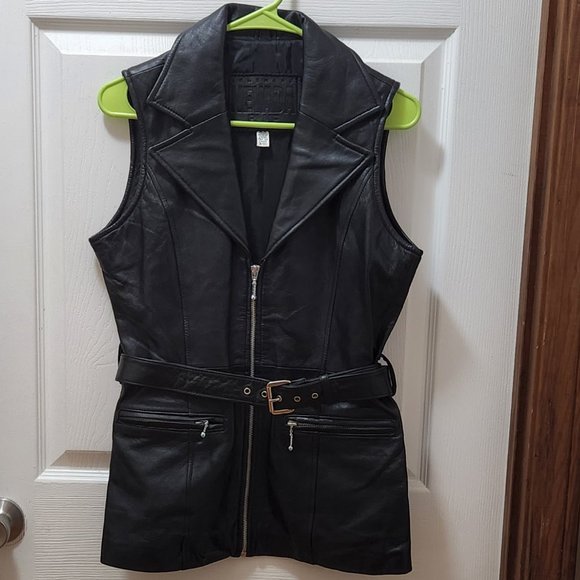 🌟 Vintage Nevada Blue BeltedBlack Leather Vest Sz8 EUC